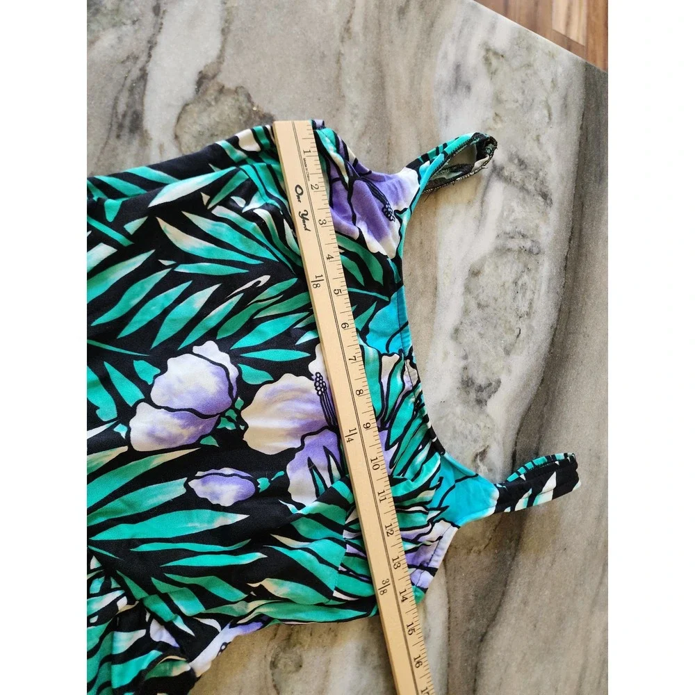 Vintage Robby Len Tropical Floral Swimdress One Piece Teal Purple USA Made